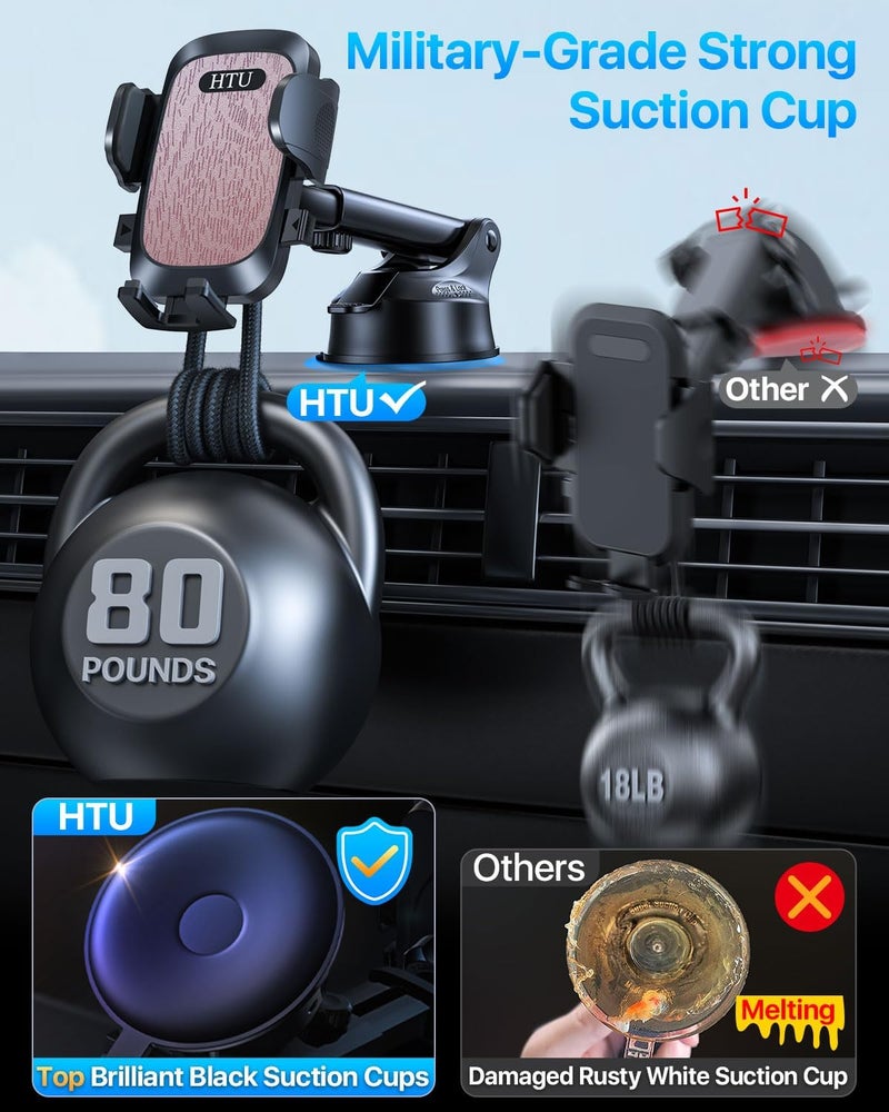 HTU 【98+LBS Strongest Suction & Military-Grade】 Ultimate Car Phone Mount【Patent & Safety Certs】 Cell Phone Holder Truck Stand for Dashboard Windshield Vent for iPhone 17 Pro Max 16 15 Samsung (Pink) - Image 2